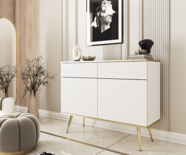Commode Banff KSZ107 MDF - Blanche - Pieds dorés - Façades rainurées - 2 tiroirs - Largeur 107 cm, Hauteur 85 cm, Profondeur 39 cm – Image 6