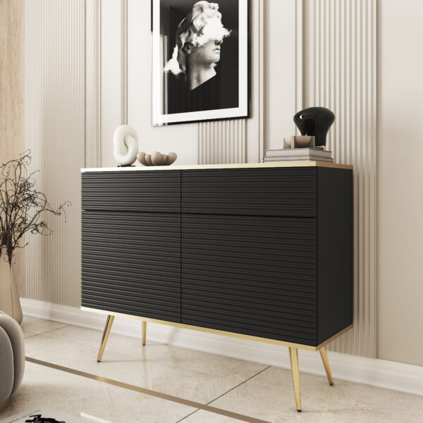 Commode Banff KSZ107 MDF - Noire - Pieds dorés - Façades rainurées - 2 tiroirs - Largeur 107 cm, Hauteur 85 cm, Profondeur 39 cm – Image 2