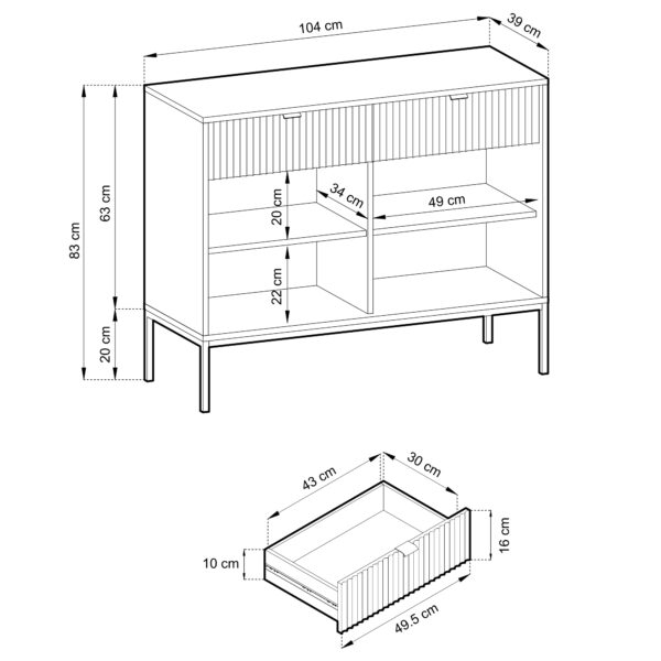 Commode NANAIMO KSZ104 - Blanc - Poignées dorées - 2 tiroirs - Largeur 104 cm, Hauteur 83 cm, Profondeur 39 cm – Image 3