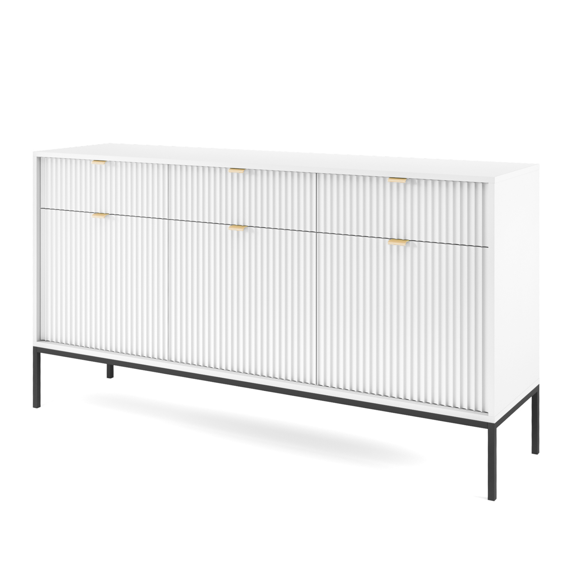 XMEBSKRKOMPI02901103_00-1.jpg Commode NANAIMO KSZ154 - Blanc - Poignées dorées - 3 tiroirs - Largeur 154 cm, Hauteur 83 cm, Profondeur 39 cm – Image 1