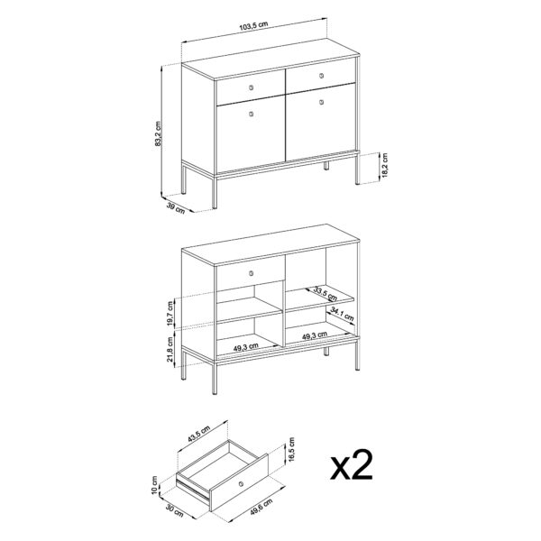 Commode MONCTON MKSZ104 - Beige - 2 tiroirs - Largeur 104 cm, Hauteur 83 cm, Profondeur 39 cm – Image 3