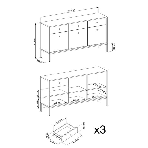 Commode MONCTON MKSZ154 - Beige - Poignées métalliques - 3 tiroirs - Largeur 154 cm, Hauteur 83 cm, Profondeur 39 cm – Image 3