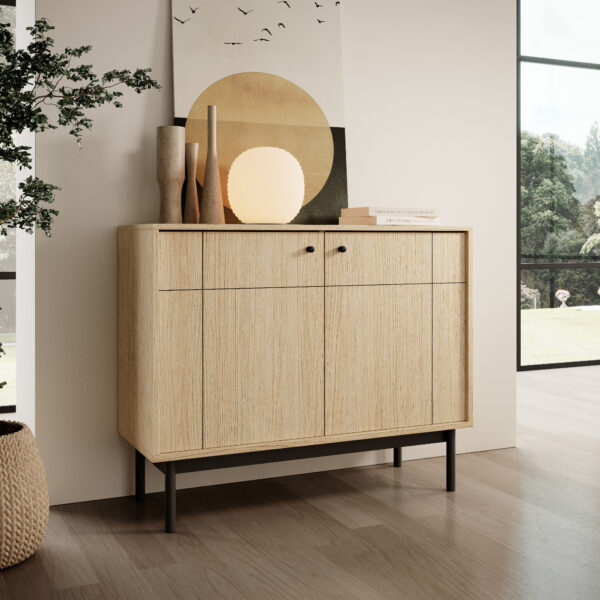 Commode DIEPPE - Chene - Poignées métalliques - Pieds en bois - Largeur 104 cm, Hauteur 83 cm, Profondeur 39 cm – Image 2