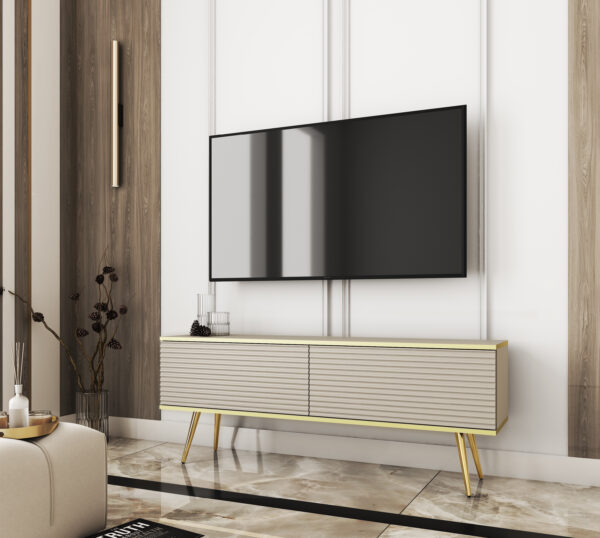Meuble TV Banff RTV135 MDF - Beige - Pieds dorés - Façades rainurées - Largeur 135 cm, Hauteur 53 cm, Profondeur 32 cm – Image 2
