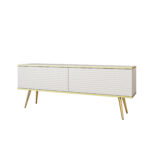 Meuble TV Banff RTV135 MDF - Blanc - Pieds dorés - Façades rainurées - Largeur 135 cm, Hauteur 53 cm, Profondeur 32 cm