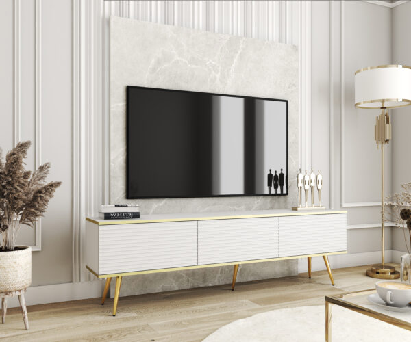Meuble TV Banff RTV175 MDF - Blanc - Pieds dorés - Façades rainurées - Largeur 175 cm, Hauteur 53 cm, Profondeur 32 cm – Image 2