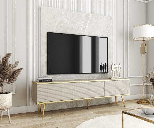 Meuble TV Banff RTV175 MDF - Beige - Pieds dorés - Façades rainurées - Largeur 175 cm, Hauteur 53 cm, Profondeur 32 cm – Image 2
