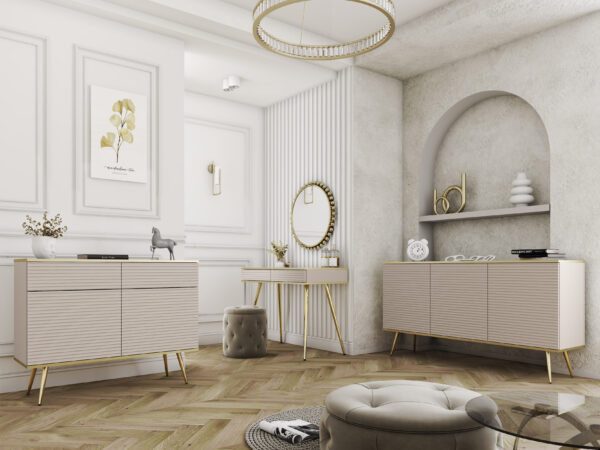 Meuble TV Banff RTV175 MDF - Beige - Pieds dorés - Façades rainurées - Largeur 175 cm, Hauteur 53 cm, Profondeur 32 cm – Image 4