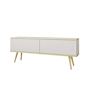 Meuble TV Banff RTV135 - Blanc - Pieds dorés - Largeur 135 cm, Hauteur 53 cm, Profondeur 32 cm