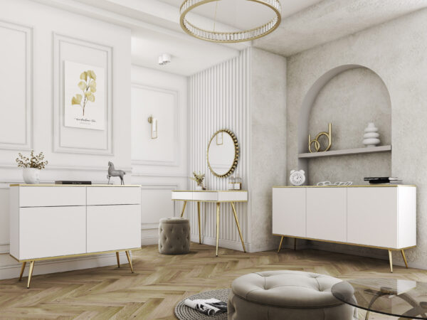 Meuble TV Banff RTV135 - Blanc - Pieds dorés - Largeur 135 cm, Hauteur 53 cm, Profondeur 32 cm – Image 4