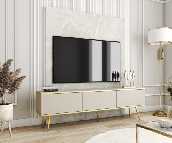 Meuble TV Banff RTV175 - Beige - Pieds dorés - Largeur 175 cm, Hauteur 53 cm, Profondeur 32 cm – Image 2