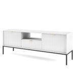 Meuble TV NANAIMO - Blanc - Poignées dorées - Largeur 154 cm, Hauteur 56 cm, Profondeur 39 cm