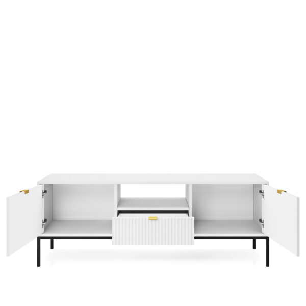 Meuble TV NANAIMO - Blanc - Poignées dorées - Largeur 154 cm, Hauteur 56 cm, Profondeur 39 cm – Image 4