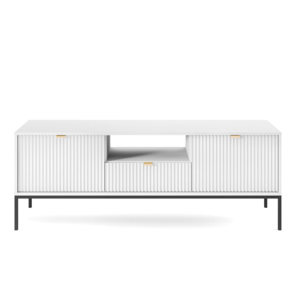 Meuble TV NANAIMO - Blanc - Poignées dorées - Largeur 154 cm, Hauteur 56 cm, Profondeur 39 cm – Image 9