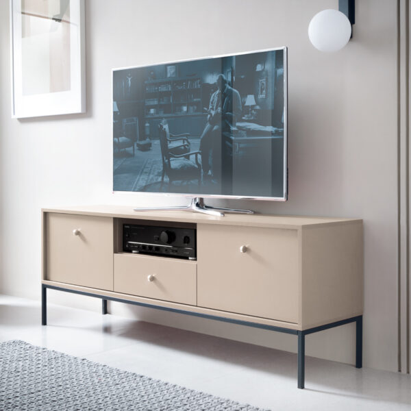 Meuble TV MONCTON - Beige - Poignées métalliques - Largeur 154 cm, Hauteur 56 cm, Profondeur 39 cm – Image 2