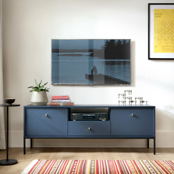 Meuble TV MONCTON - Bleu marine - Poignées métalliques - Largeur 154 cm, Hauteur 56 cm, Profondeur 39 cm – Image 2