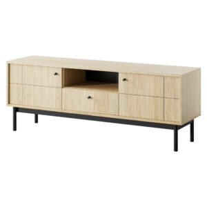 Meuble TV DIEPPE - Chene - Poignées métalliques - Pieds en bois - Largeur 154 cm, Hauteur 56 cm, Profondeur 39 cm