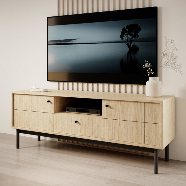 Meuble TV DIEPPE - Chene - Poignées métalliques - Pieds en bois - Largeur 154 cm, Hauteur 56 cm, Profondeur 39 cm – Image 2