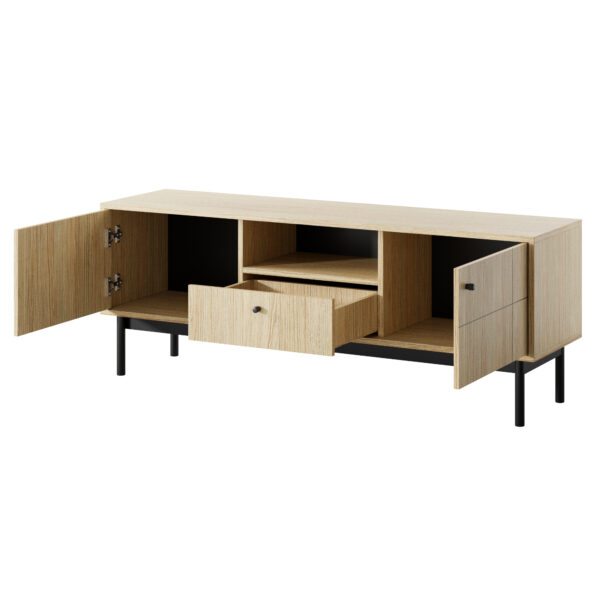 Meuble TV DIEPPE - Chene - Poignées métalliques - Pieds en bois - Largeur 154 cm, Hauteur 56 cm, Profondeur 39 cm – Image 4