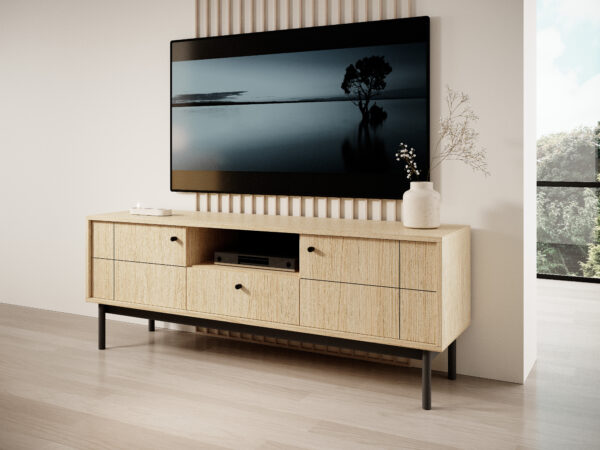 Meuble TV DIEPPE - Chene - Poignées métalliques - Pieds en bois - Largeur 154 cm, Hauteur 56 cm, Profondeur 39 cm – Image 6