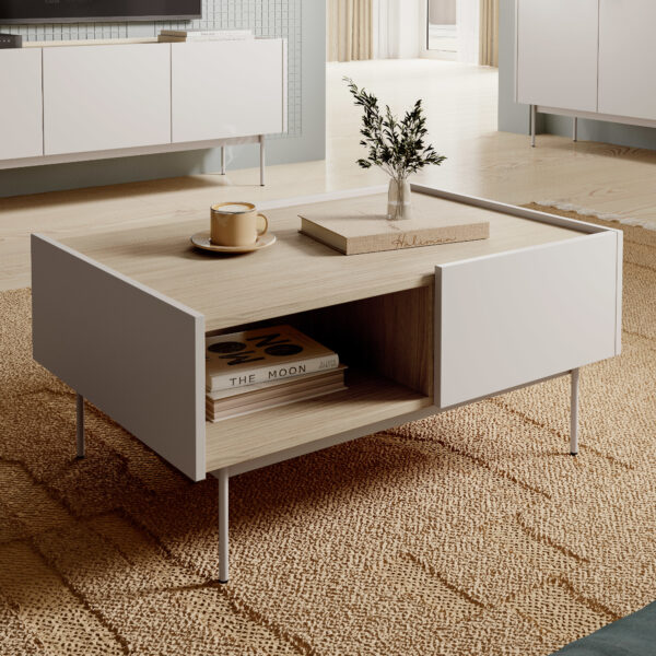 Table basse Kelowna - Cachemire, Chene - 2 tiroirs - Largeur 97 cm, Hauteur 45 cm, Profondeur 65 cm – Image 2