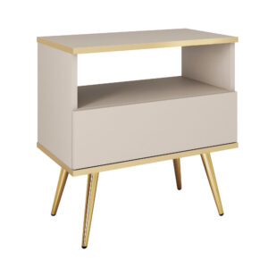 Table de chevet Banff S54 - Beige - Détails dorés - Tiroir - Largeur 54 cm, Hauteur 59 cm, Profondeur 39 cm