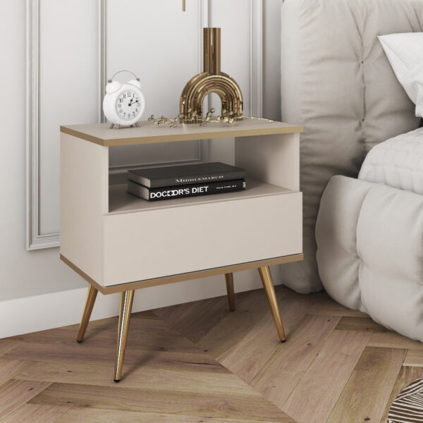 Table de chevet Banff S54 - Beige - Détails dorés - Tiroir - Largeur 54 cm, Hauteur 59 cm, Profondeur 39 cm – Image 2