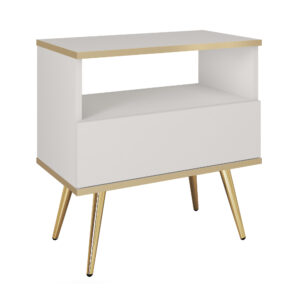 Table de chevet Banff S54 - Blanche - Détails dorés - Tiroir - Largeur 54 cm, Hauteur 59 cm, Profondeur 39 cm