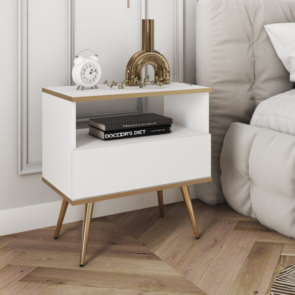 Table de chevet Banff S54 - Blanche - Détails dorés - Tiroir - Largeur 54 cm, Hauteur 59 cm, Profondeur 39 cm – Image 2