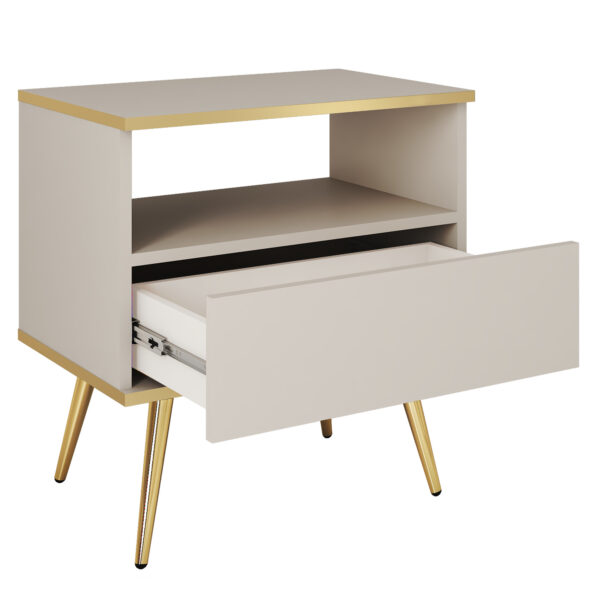 Table de chevet Banff S54 - Blanche - Détails dorés - Tiroir - Largeur 54 cm, Hauteur 59 cm, Profondeur 39 cm – Image 4