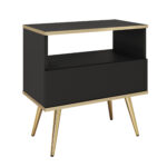 Table de chevet Banff S54 - Noire - Détails dorés - Tiroir - Largeur 54 cm, Hauteur 59 cm, Profondeur 39 cm