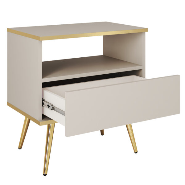 Table de chevet Banff S54 - Noire - Détails dorés - Tiroir - Largeur 54 cm, Hauteur 59 cm, Profondeur 39 cm – Image 4