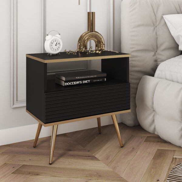 Table de chevet Banff S54 MDF - Noire - Façades rainurées - Tiroir - Largeur 54 cm, Hauteur 59 cm, Profondeur 39 cm – Image 2