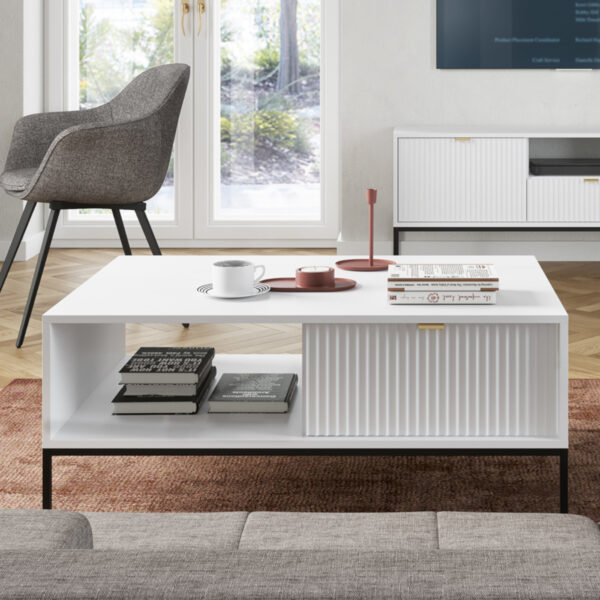 Table basse NANAIMO - Blanc - Poignées dorées - Avec tiroir - Largeur 104 cm, Hauteur 48 cm, Profondeur 68 cm – Image 2