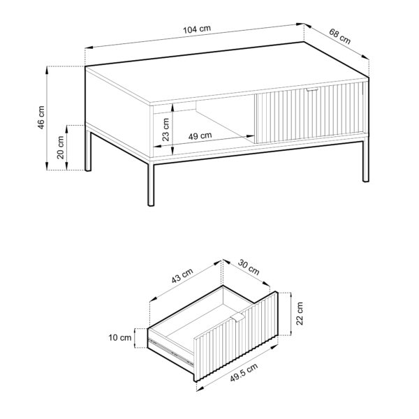 Table basse NANAIMO - Cachemire - Poignées dorées - Avec tiroir - Largeur 104 cm, Hauteur 48 cm, Profondeur 68 cm – Image 2