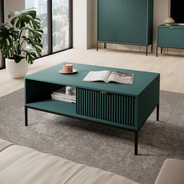 Table basse NANAIMO - Vert - Poignées dorées - Avec tiroir - Largeur 104 cm, Hauteur 48 cm, Profondeur 68 cm – Image 2