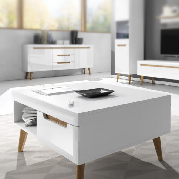Table basse SUDBURRY - Blanc - Façades en haute brillance - 2 tiroirs - Largeur 107 cm, Hauteur 46 cm, Profondeur 67 cm – Image 2