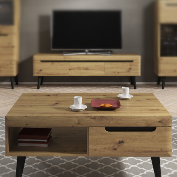 Table basse SUDBURRY - Chene - Détails noirs - 2 tiroirs - Largeur 107 cm, Hauteur 46 cm, Profondeur 67 cm – Image 2