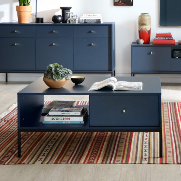 Table basse MONCTON - Bleu foncé - Poignées métalliques - Tiroir - Largeur 104 cm, Hauteur 46 cm, Profondeur 68 cm – Image 2