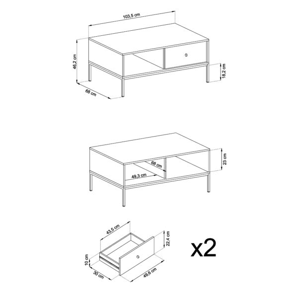Table basse MONCTON - Bleu foncé - Poignées métalliques - Tiroir - Largeur 104 cm, Hauteur 46 cm, Profondeur 68 cm – Image 3