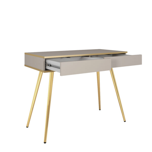 Coiffeuse Banff T102 - Blanche - Détails dorés - 2 tiroirs - Largeur 102 cm, Hauteur 80 cm, Profondeur 50 cm – Image 4