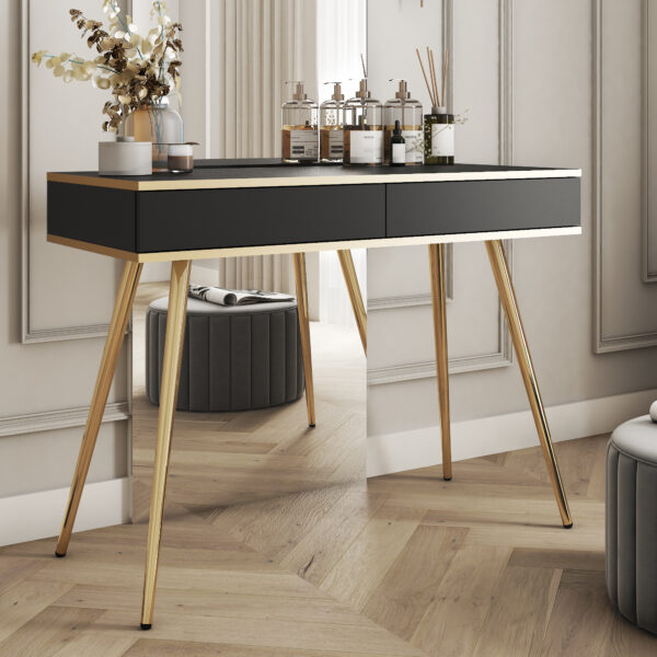 Coiffeuse Banff T102 - Noire - Détails dorés - 2 tiroirs - Largeur 102 cm, Hauteur 80 cm, Profondeur 50 cm – Image 2