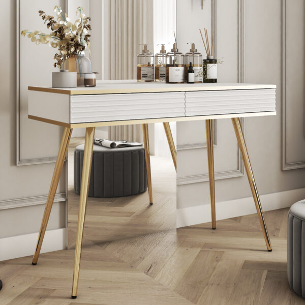 Coiffeuse Banff T102 MDF - Blanche - Façades rainurées - 2 tiroirs - Largeur 102 cm, Hauteur 80 cm, Profondeur 50 cm – Image 2