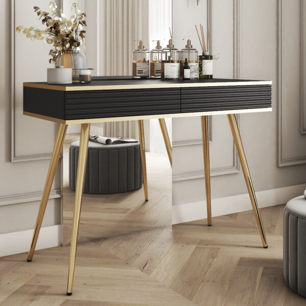 Coiffeuse Banff T102 MDF - Noire - Façades rainurées - 2 tiroirs - Largeur 102 cm, Hauteur 80 cm, Profondeur 50 cm – Image 2