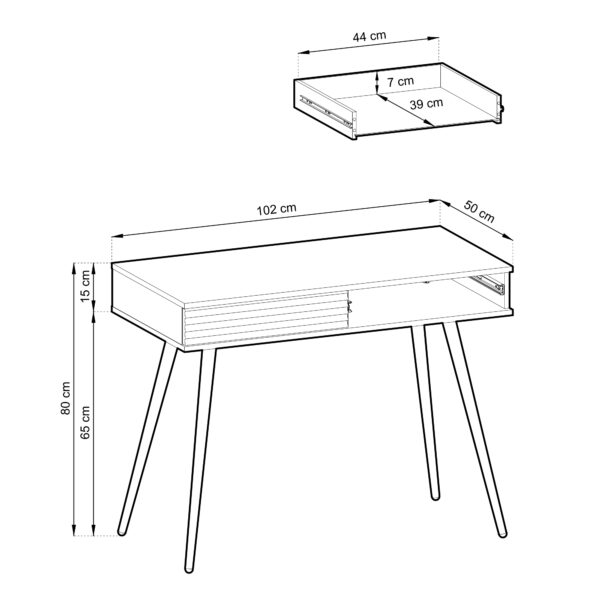 Coiffeuse Banff T102 MDF - Noire - Façades rainurées - 2 tiroirs - Largeur 102 cm, Hauteur 80 cm, Profondeur 50 cm – Image 3