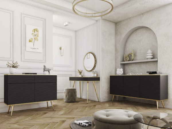 Coiffeuse Banff T102 MDF - Noire - Façades rainurées - 2 tiroirs - Largeur 102 cm, Hauteur 80 cm, Profondeur 50 cm – Image 5