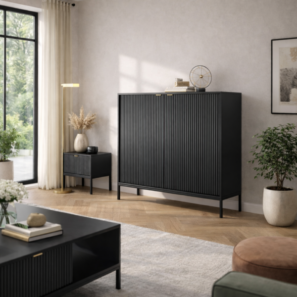 Commode NANAIMO K104 - Noir - Poignées dorées - Largeur 104 cm, Hauteur 125 cm, Profondeur 39 cm – Image 2