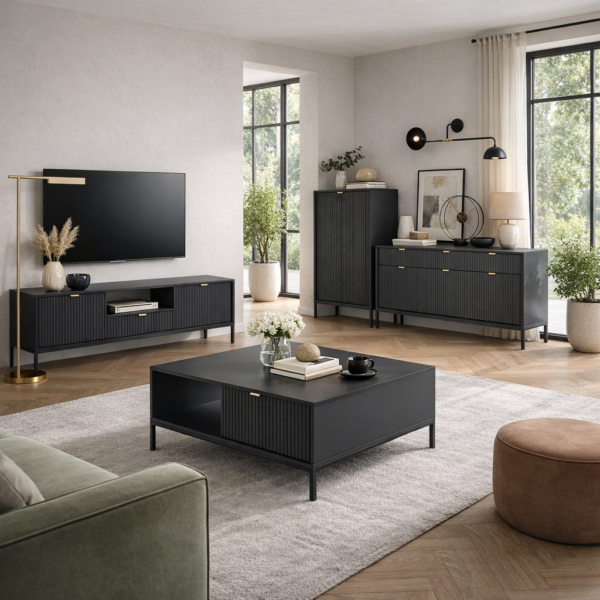 Commode NANAIMO K104 - Noir - Poignées dorées - Largeur 104 cm, Hauteur 125 cm, Profondeur 39 cm – Image 5