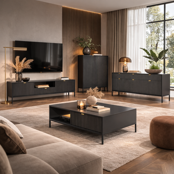 Commode NANAIMO K104 - Noir - Poignées dorées - Largeur 104 cm, Hauteur 125 cm, Profondeur 39 cm – Image 6