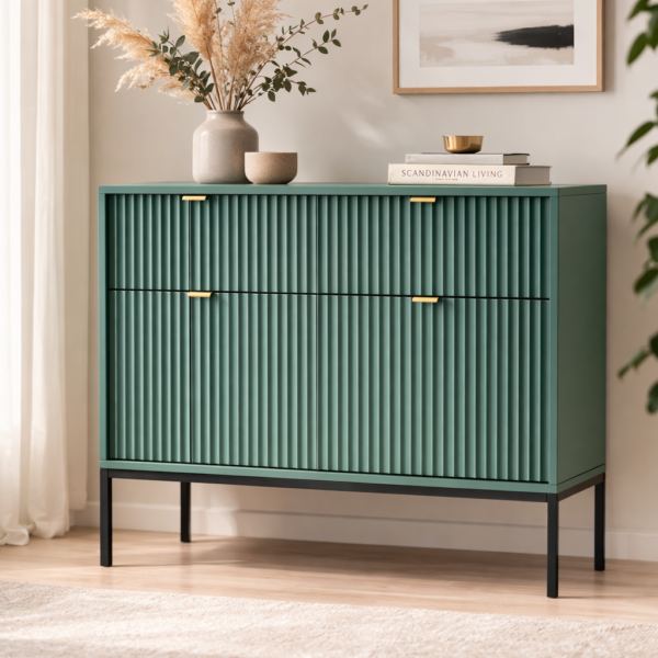 Commode NANAIMO KSZ104 - Verte - Poignées dorées - 2 tiroirs - Largeur 104 cm, Hauteur 83 cm, Profondeur 39 cm – Image 2
